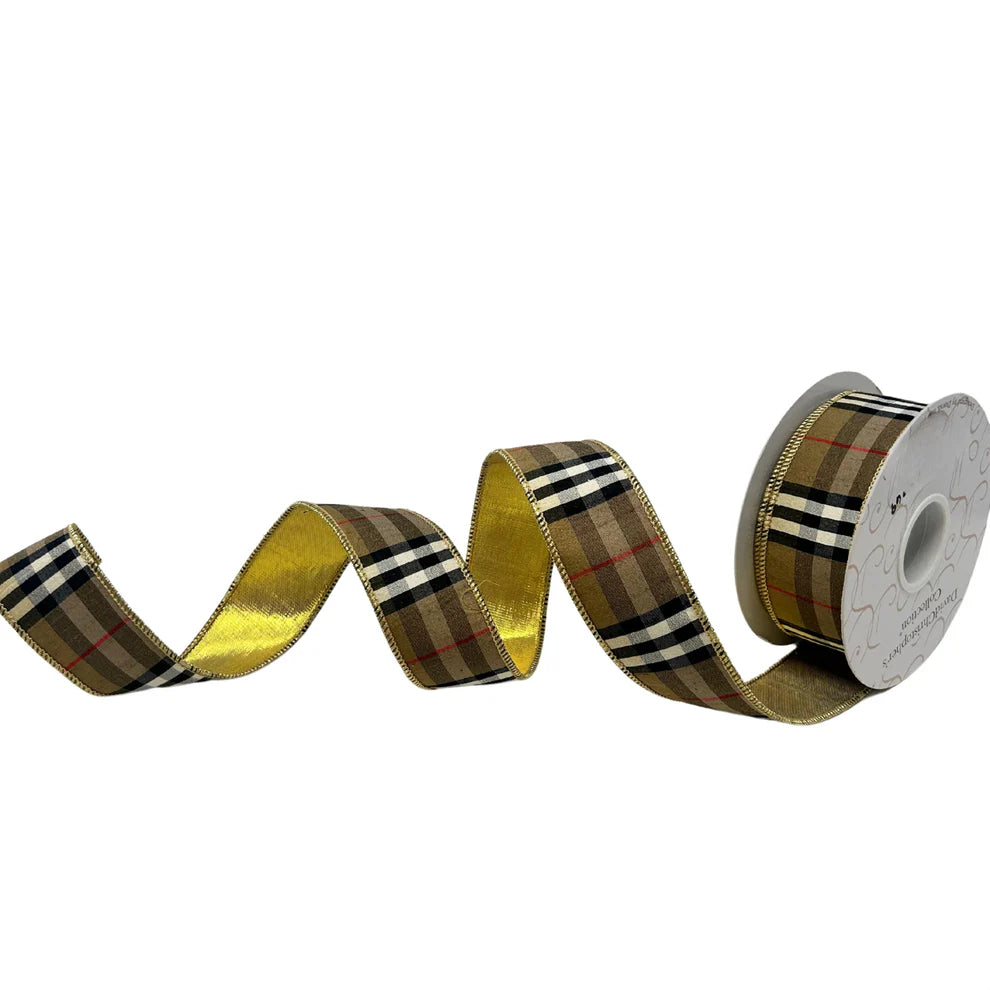 1.5"X10Yd Berry Black and Tan Plaid Ribbon