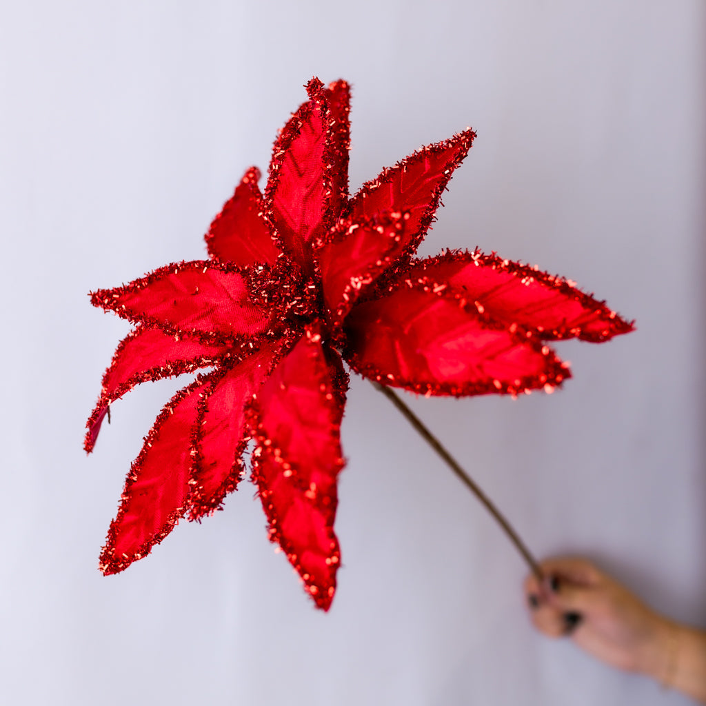 26" Red Tinsel Edge Poinsettia Spray