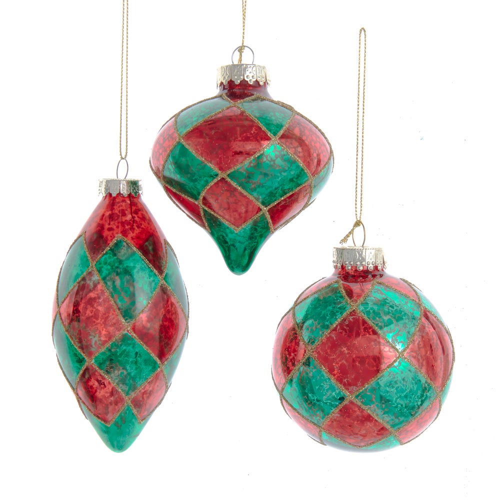 Green and Red Glass Ball, Onion, and Teardrop Ornaments 3/Box