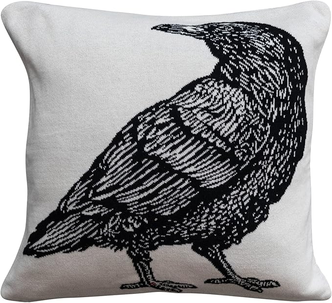 18" White Black Halloween Crow Pillow