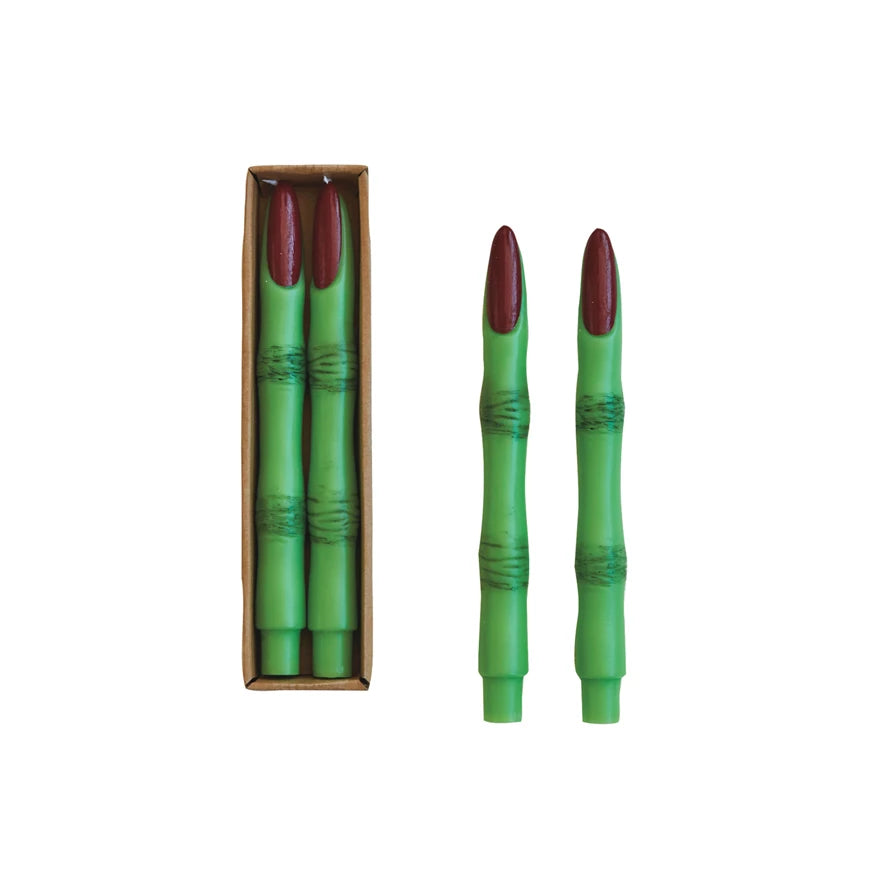 10" Witch Finger Green Red Taper Candle Set of 2