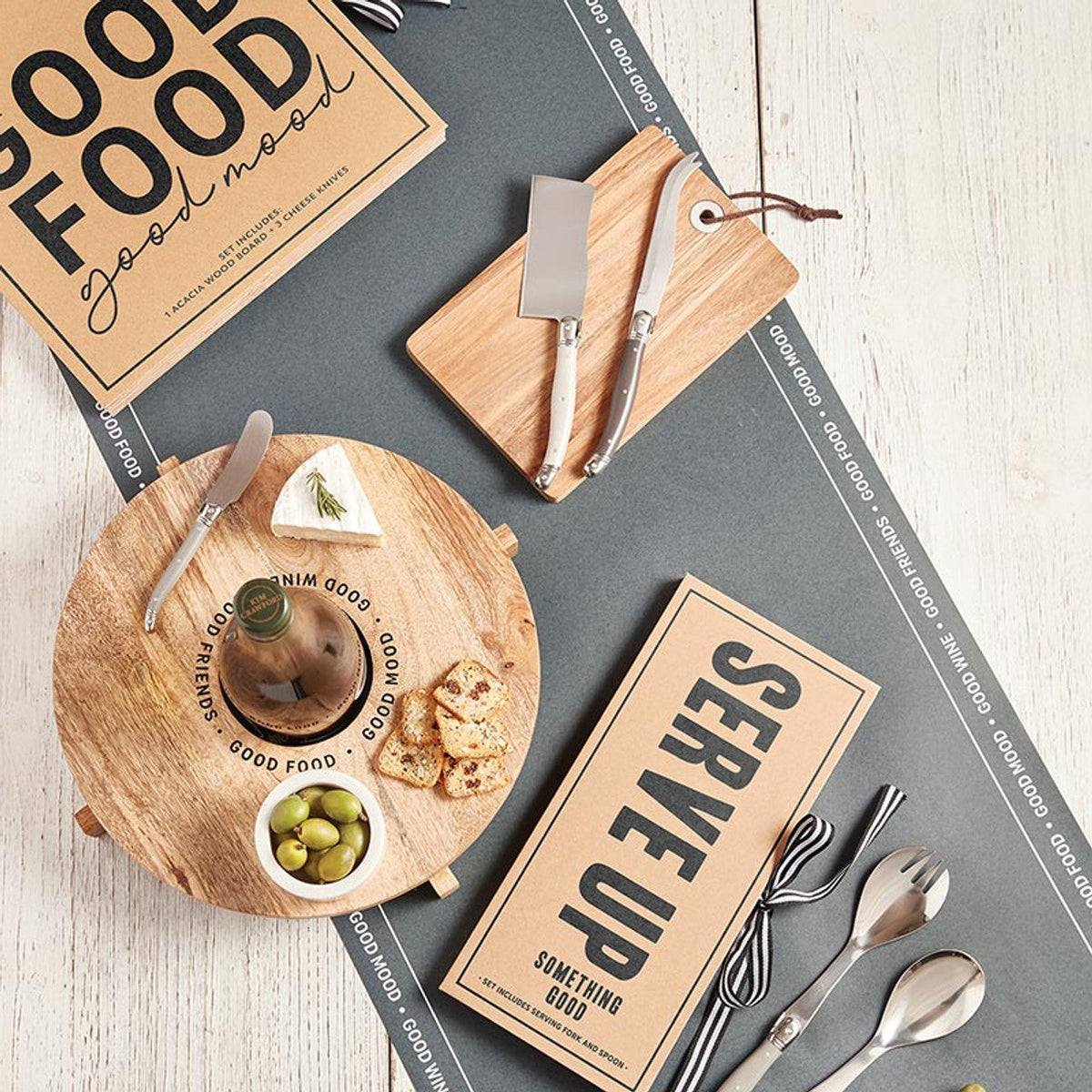 Good Food Good Mood-Wood Cheese Board Set Book Box