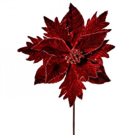 20" Glitter Burgundy Velvet Poinsettia Spray