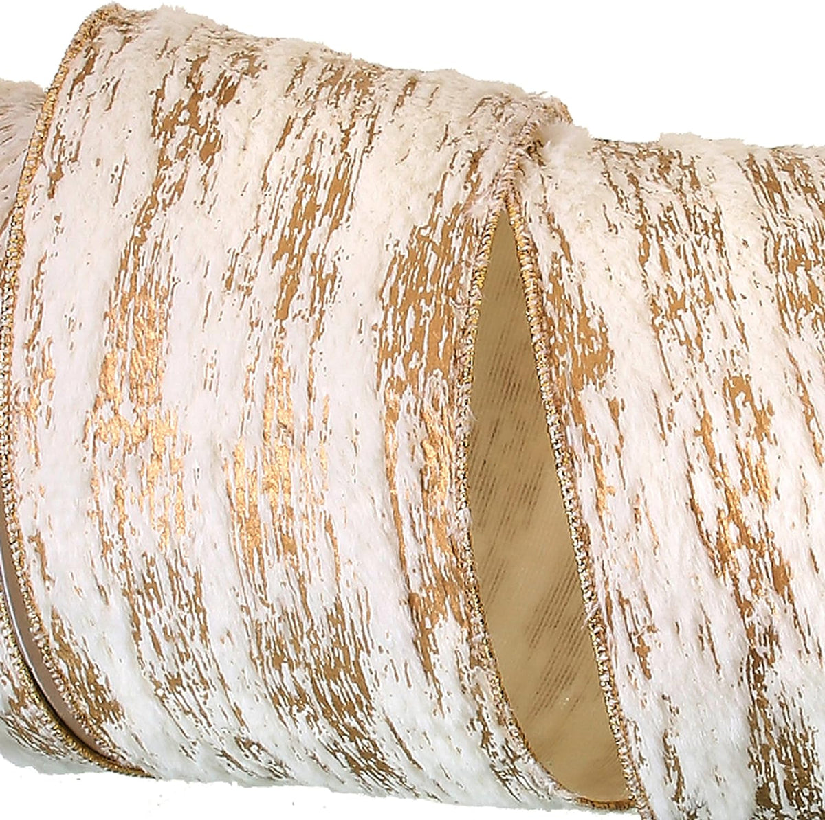 4"x10yd Ivory & Gold Birch Fur Ribbon