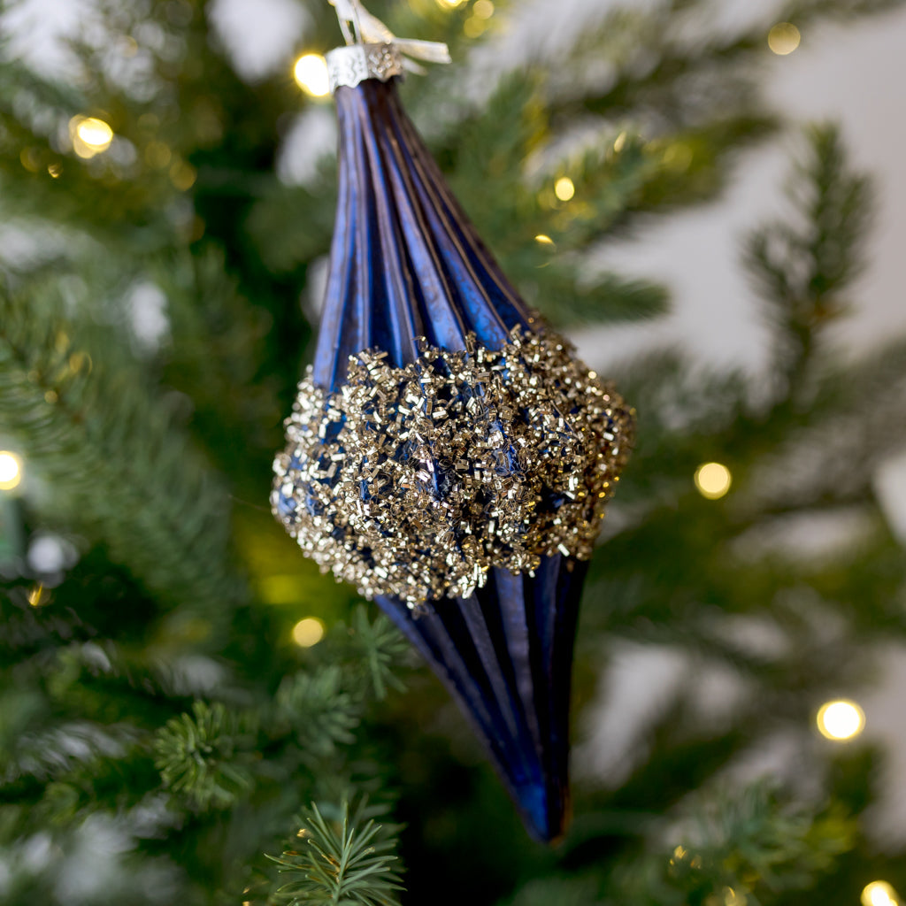 6" Finial Blue Gold Beaded Glass Ornament