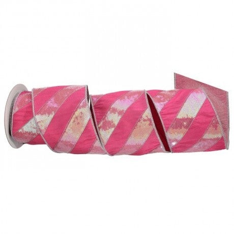 4"X5Y Dark Pink Dupion with Glitter Candy Strip Ribbon