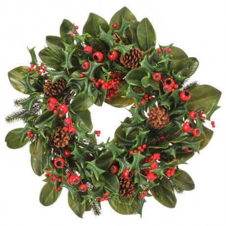 28" Magnolia Holly Wreath Berry with Pine