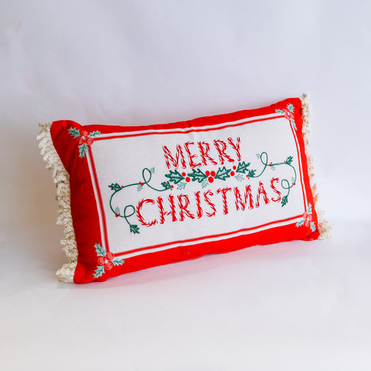 Embroidered Holly & Tassels Vintage-Inspired Merry Christmas Throw Pillow (CLR)