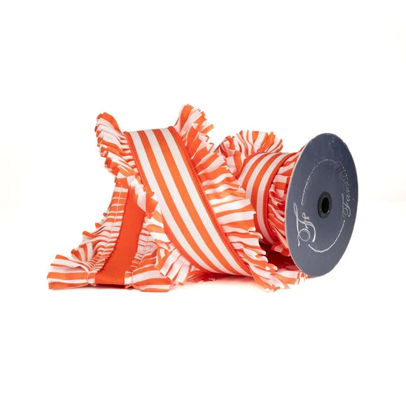 4.5"X5 Yard, Orange & White Ruffle Candy Wrap Ribbon