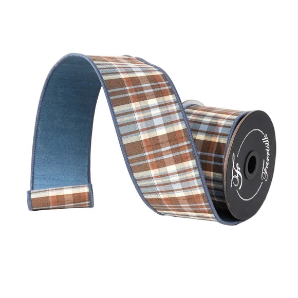 2.5"X10 Yard, Blue & Chocolate Steel Christmas Plaid Ribbon