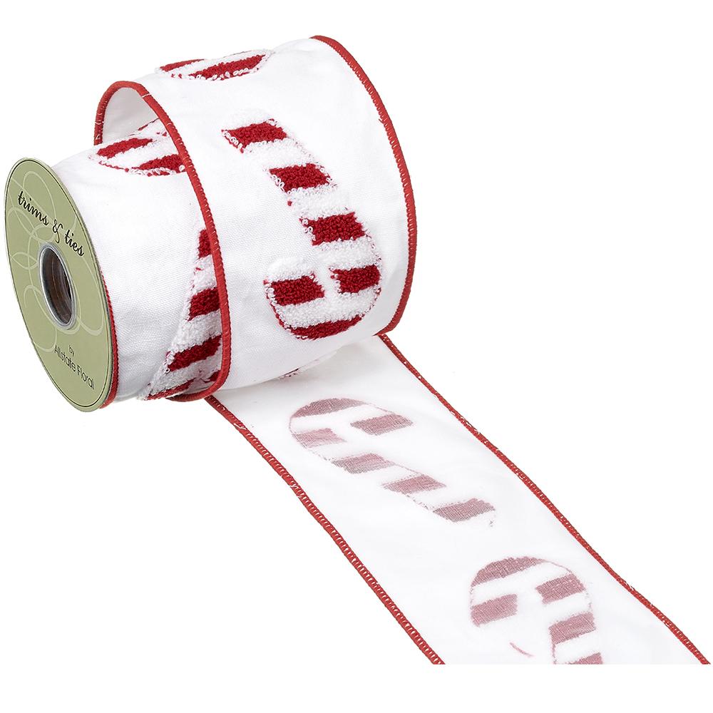 4"Wx5yd White/Red Candy Cane Canvas Ribbon