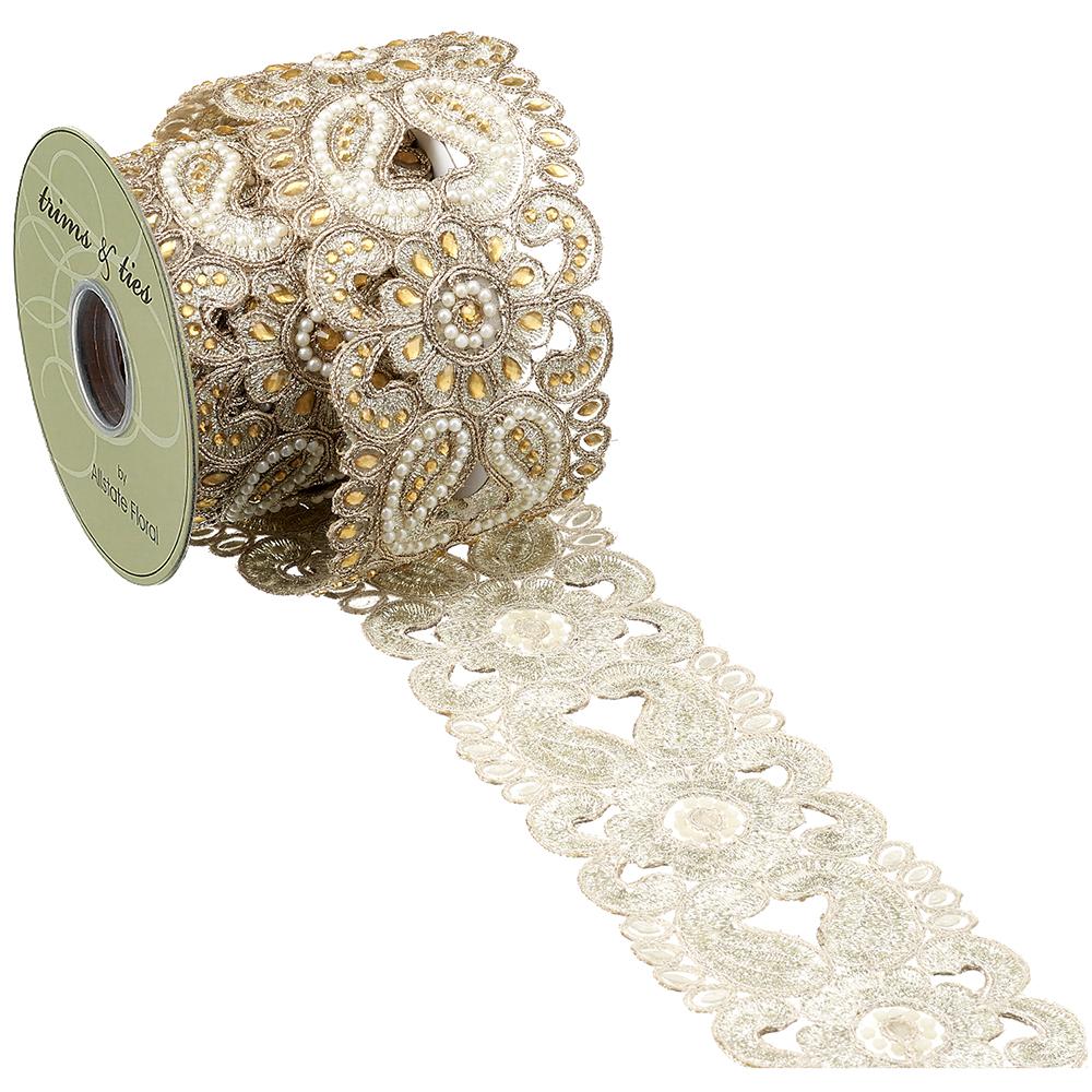 3.5"Wx5yd Pearl/Jewel Trim Ribbon, Gold