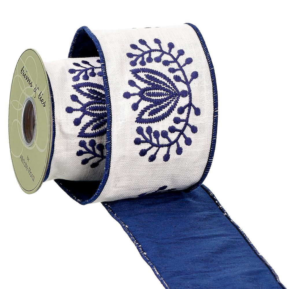 4"Wx5yd Blue/Cream Embroidered Floral Ribbon