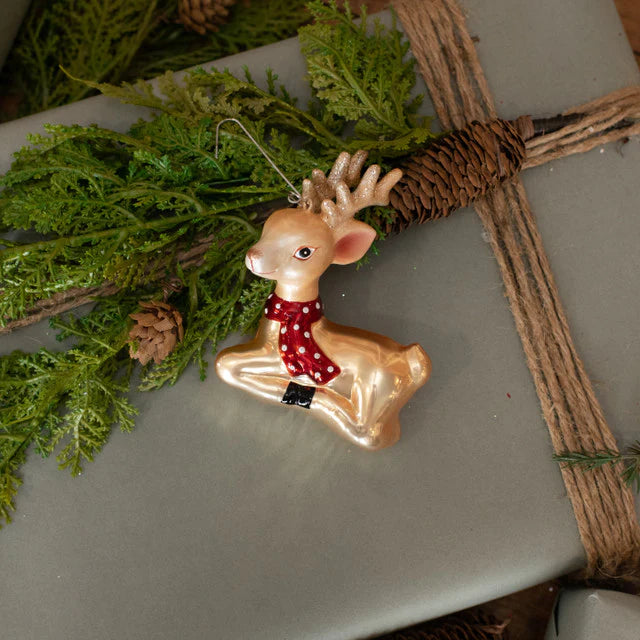 Vintage Deer with Polkadot Red Scarf Glass Ornament