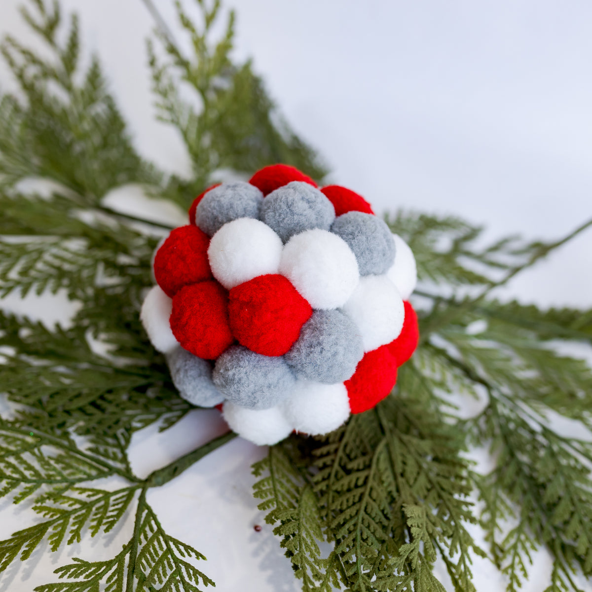 5" Red White Grey Pompom Ball Ornament (CLR)