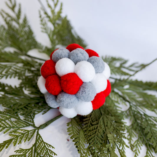 5" Red White Grey Pompom Ball Ornament (CLR)