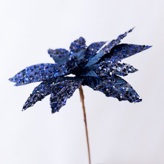 19" Blue Sequin Beaded Poinsettia Spray