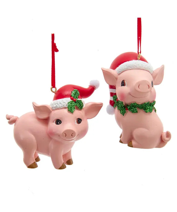 Pink Pig With Santa Hat Ornaments, Assorted
