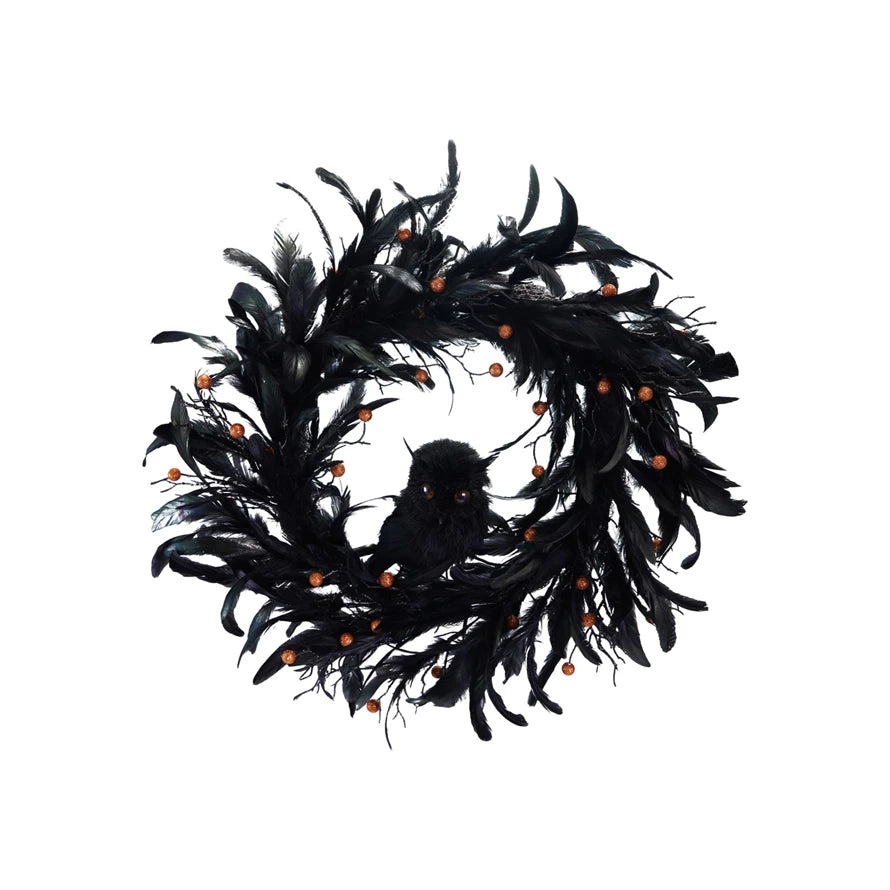 Feather Wreath with Spider, Owl & Glitter Berries