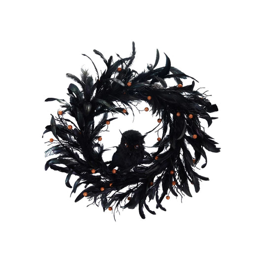 Feather Wreath with Spider, Owl & Glitter Berries