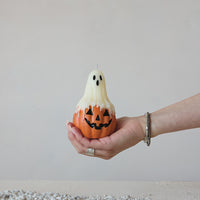 Unscented Ghost on Top of Jack-O-Lantern Shaped Candle in Cello Bag with Raffia Tie