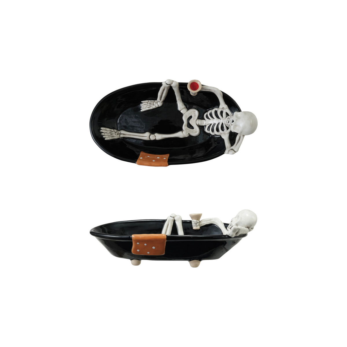 Ceramic Skeleton in Tub Shaped Bowl, Black, White & Orange Color