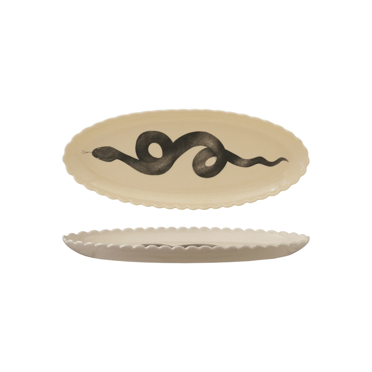 Stoneware Scalloped Platter with Snake, White & Black