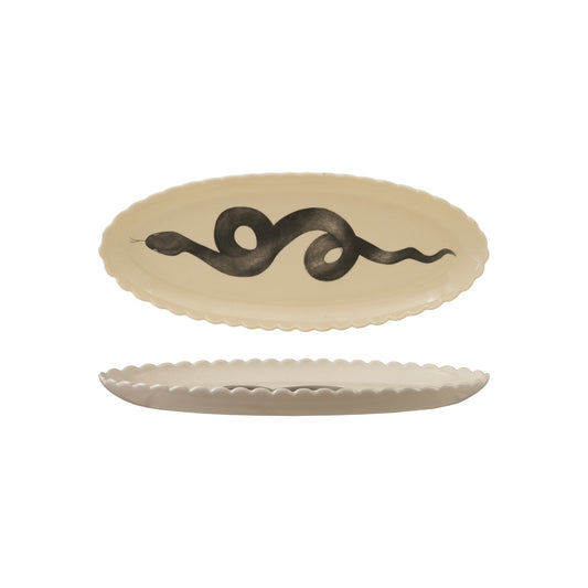 Stoneware Scalloped Platter with Snake, White & Black