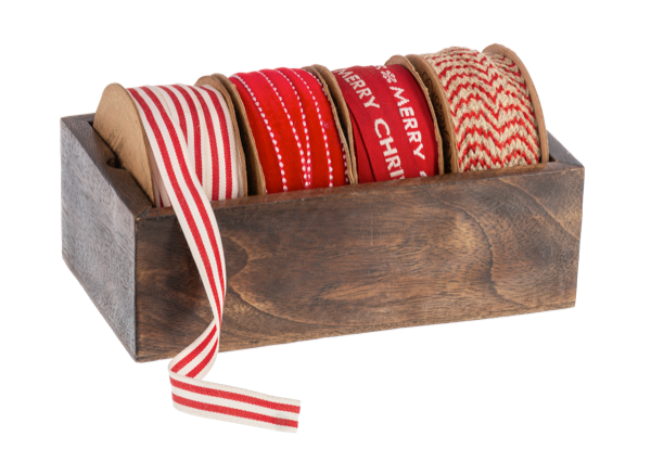Red Ribbon In Wood Box Set of 4