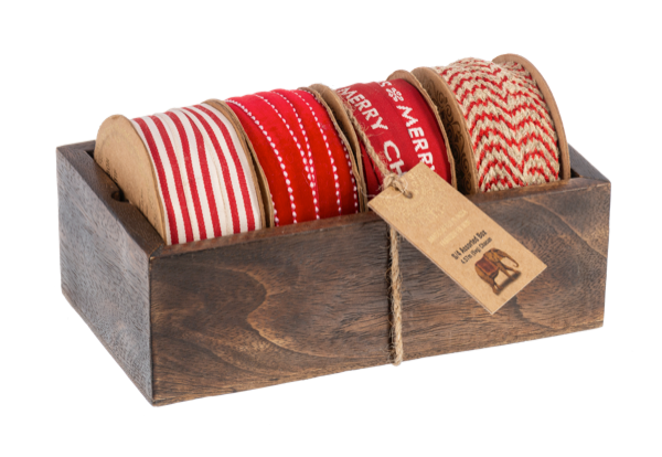 Red Ribbon In Wood Box Set of 4