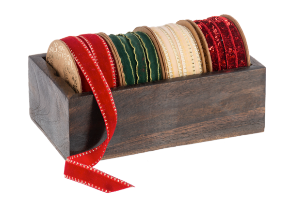 Holiday Ribbon In Wood Box Set of 4