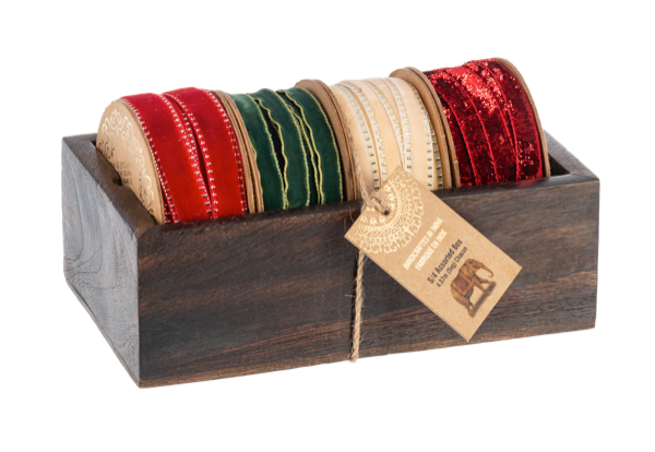 Holiday Ribbon In Wood Box Set of 4