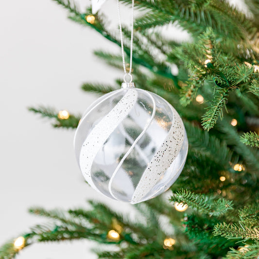 4" Clear White Silver Swirl Ball Ornament