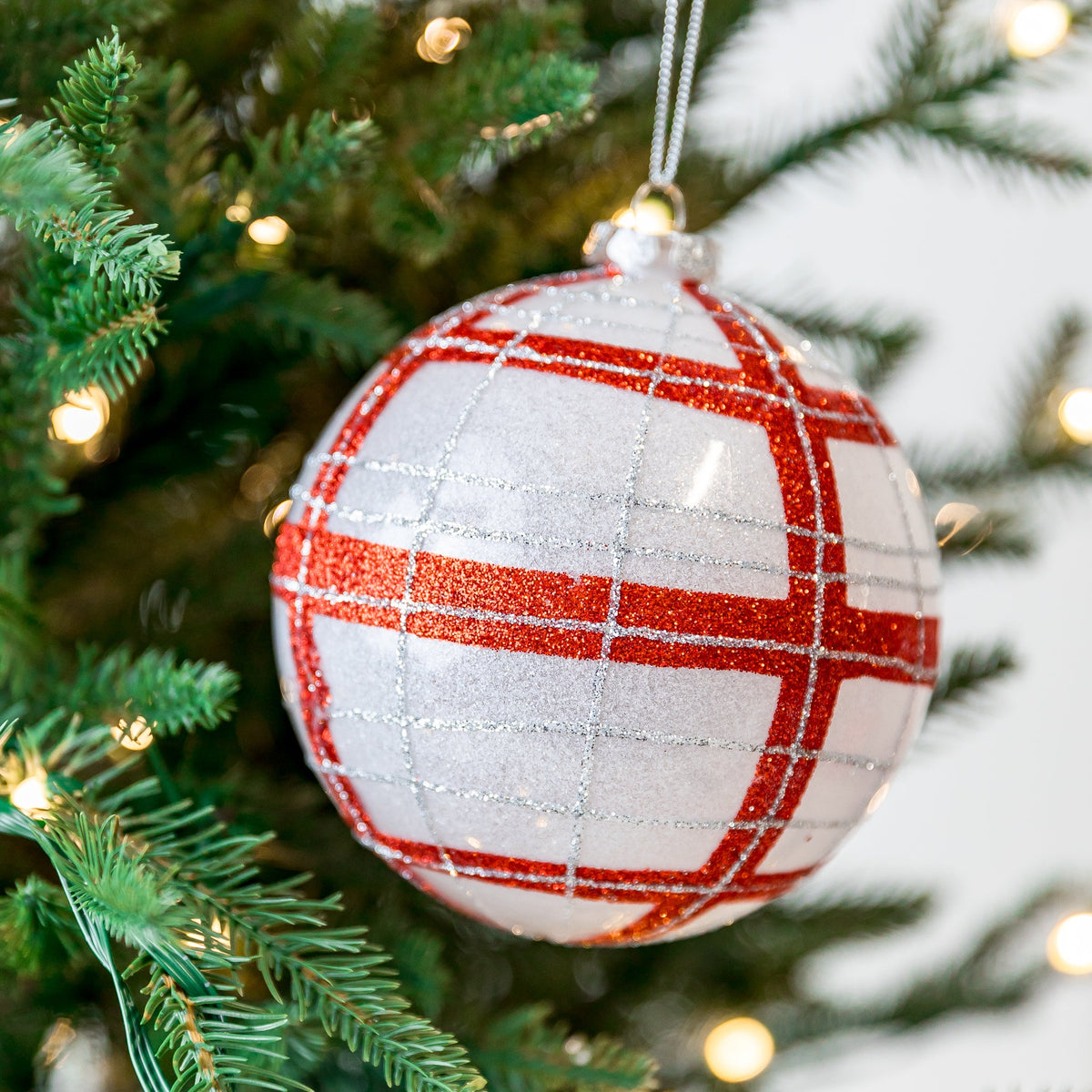 5" Red Silver Plaid Glitter Plastic Ornament