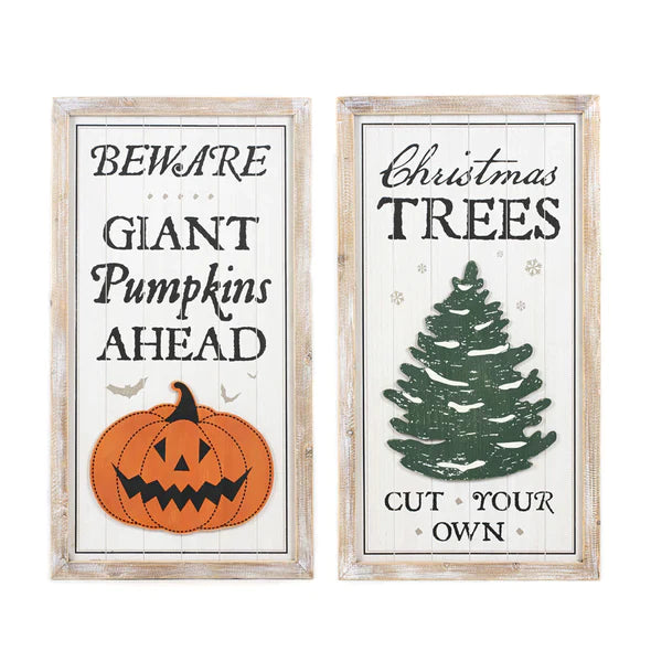Beware Giant Pumpkins Christmas Trees 37" Reversible Wooden Sign