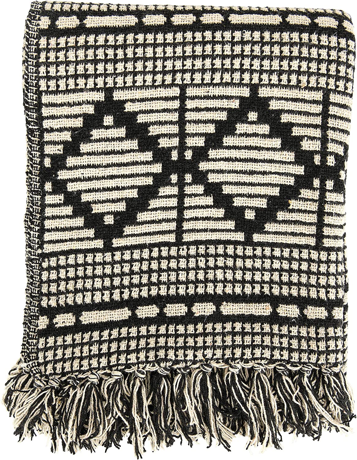 Black and Beige Woven Cotton Blend Throw Blanket with Fringe
