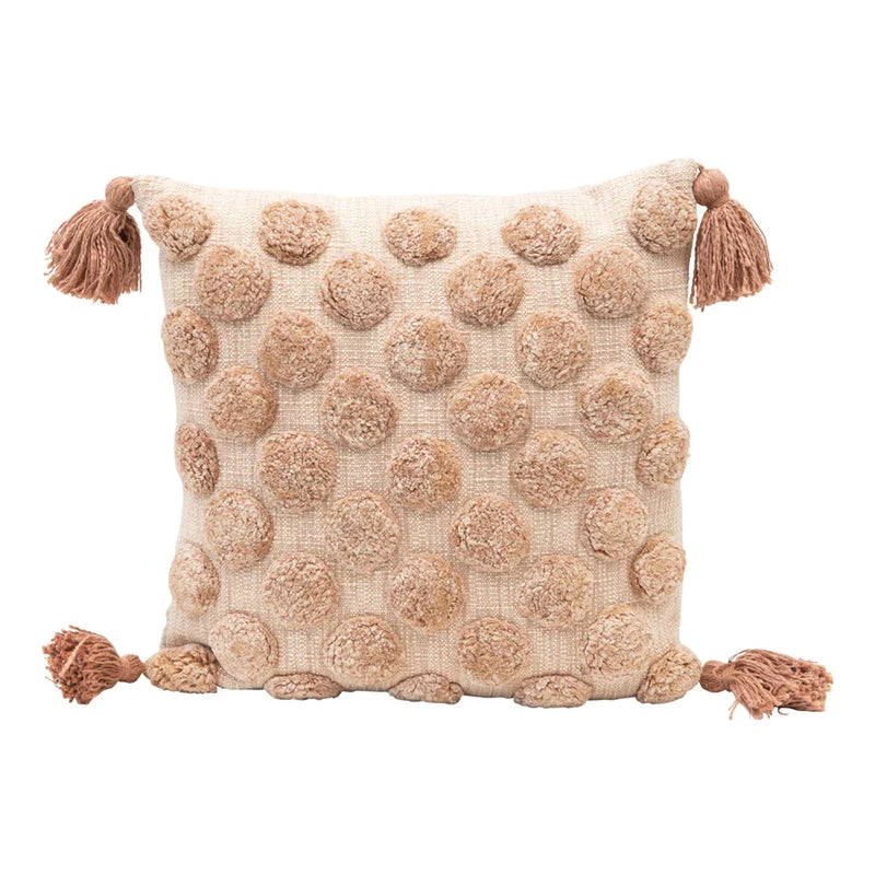 18" Cotton Pillow with Tufted Dots & Tassels