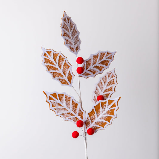 26" Frosted Gingerbread Holly Leaf Spray
