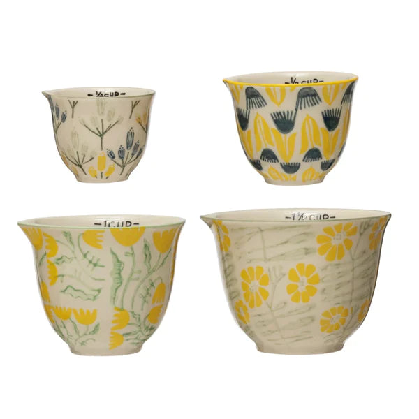 Hand-Stamped Stoneware Measuring Cups w/ Flowers, Set of 4