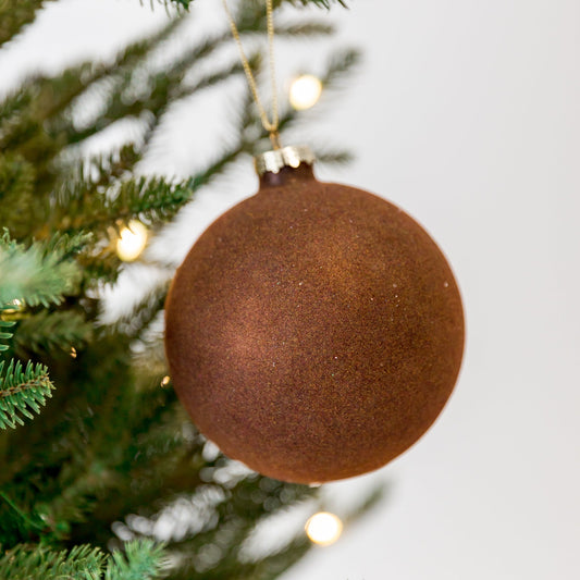 4" Flocked Brown Ball Glass Ornament