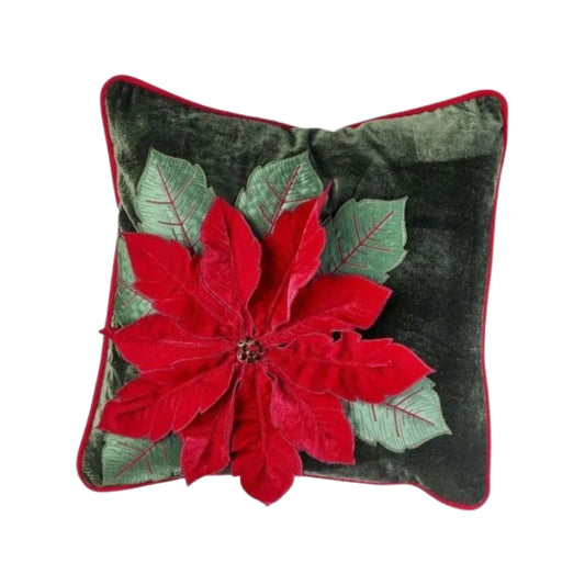 18" Poinsettia Red/Green Applique Pillow