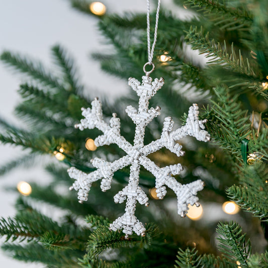 Snowflake Beaded White Glass Ornament