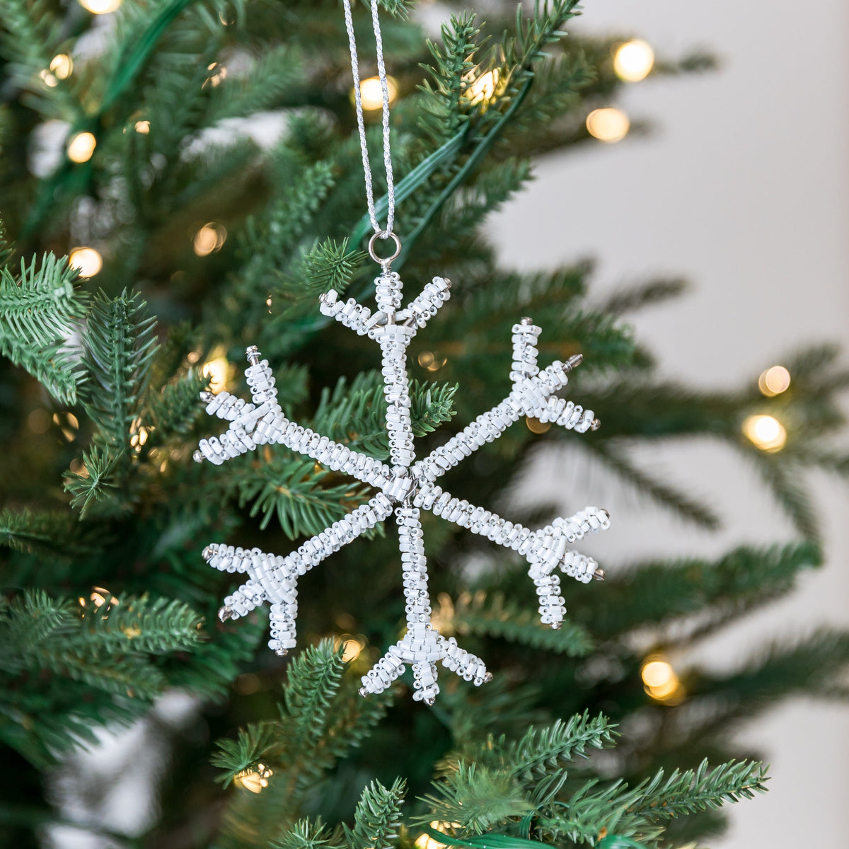 Snowflake Beaded White Glass Ornament