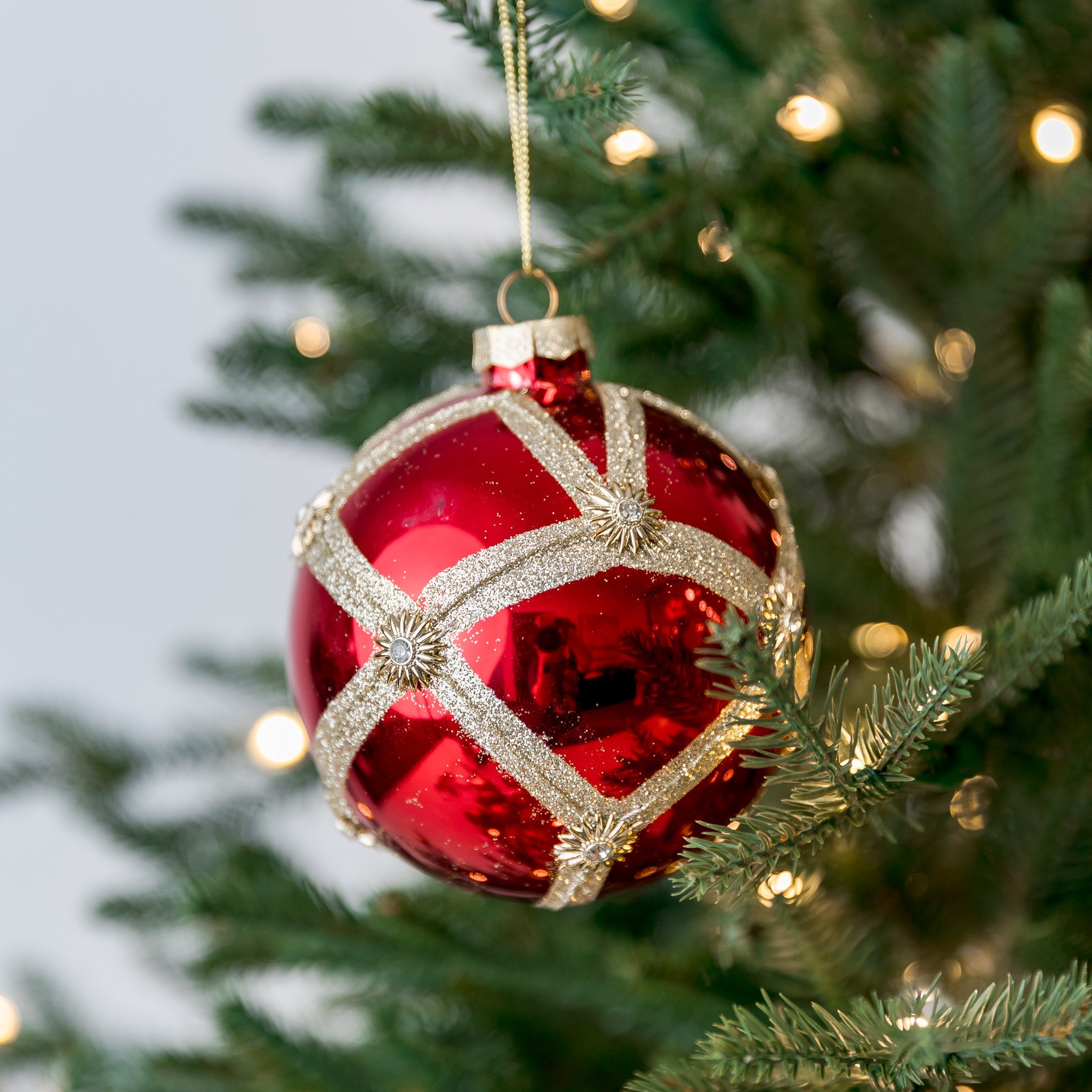 Red/Gold Ball W/Beads Glass Ornament