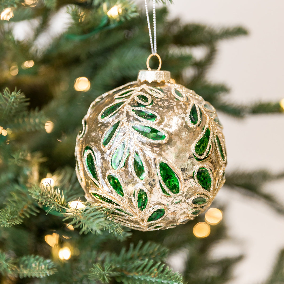 100mm Green/Gold Mistletoe Glass Ornament