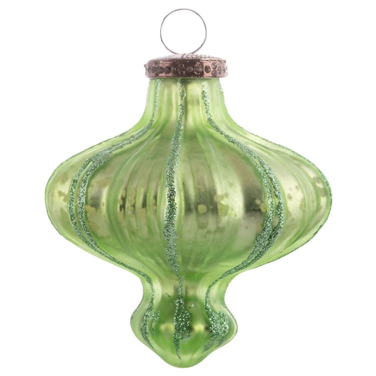 4" Sage Green Glitter Finial Glass Ornament